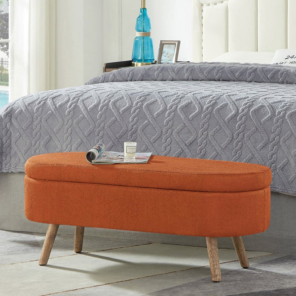 English Elm Luxury Boucle Oval Ottoman Bench with Hidden Storage Rubberwood Legs Entryway Seat Orange W2186P430720