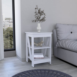 English Elm 3-Tier Engineered Wood End Table with Cross-Brace Legs, Compact Nightstand with Ample Shelving Space White 34.6 L x 20.8 W x 3.14 H B097P199749