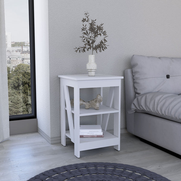English Elm 3-Tier Engineered Wood End Table with Cross-Brace Legs, Compact Nightstand with Ample Shelving Space White 34.6 L x 20.8 W x 3.14 H B097P199749