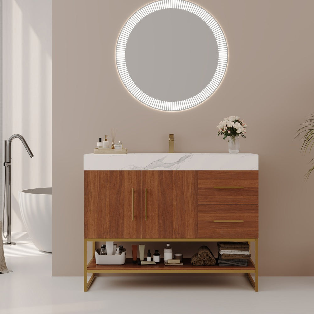 English Elm 36" Freestanding Bathroom Vanity Sintered Stone Top Integrated Basin Gold Hardware W3136S00057