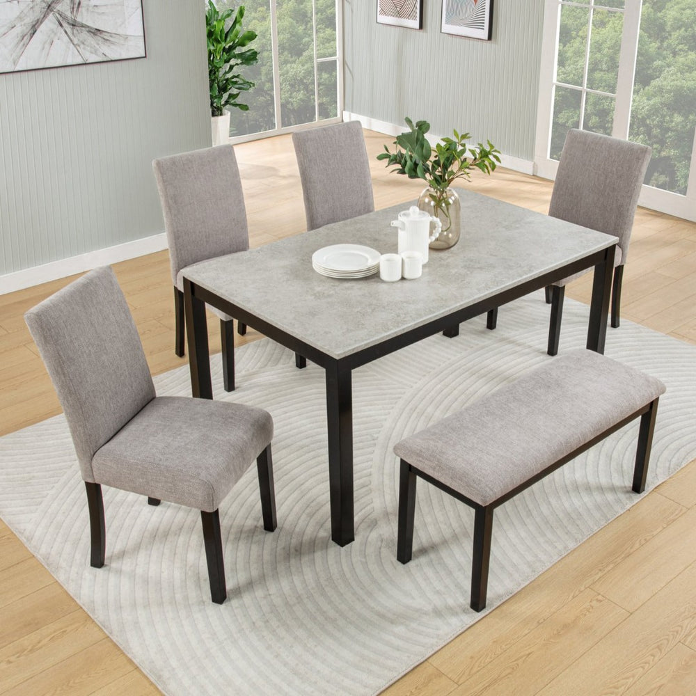 English Elm 6 Piece Rubberwood Dining Set with Bench and Linen Chairs for Transitional Kitchen W1998S00091