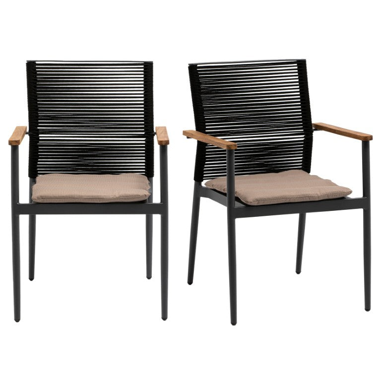 EuroStyle Skog Stackable Outdoor Armchairs Teak and Woven Rope Resort Style Set of 2 90499-BLK