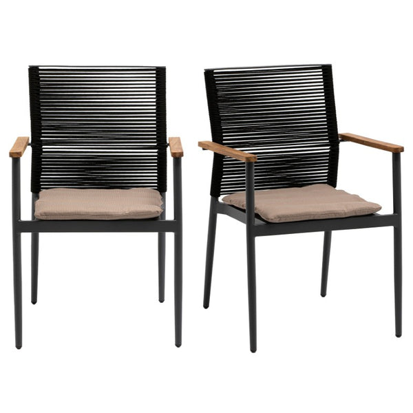 EuroStyle Skog Stackable Outdoor Armchairs Teak and Woven Rope Resort Style Set of 2 90499-BLK