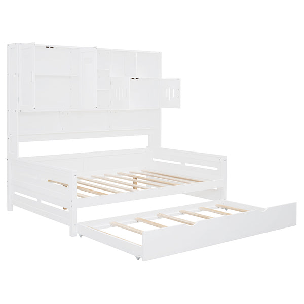 English Elm Full Size Wooden Daybed With Twin Trundle, Integrated Storage Cabinet & Stylish White Finish N820S00027K