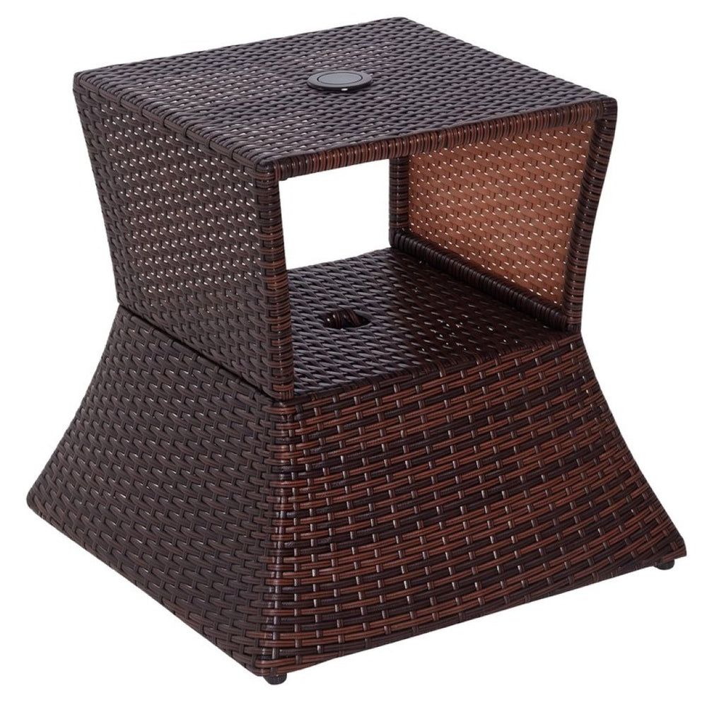 English Elm Outdoor Wicker Side Table with Umbrella Hole Pe Rattan Patio Accent Storage Shelf T3971P386089