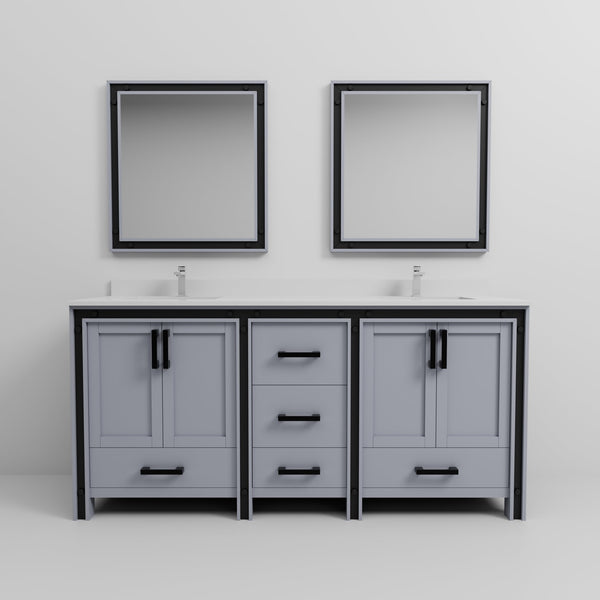 English Elm Dark Grey Double Vanity 72" x 22" with White Quartz Top, Chrome Faucets, 30" Mirrors, Scratch-Resist Finish B2731S01130