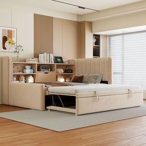 English Elm Twin Upholstered Daybed with Pull-Up Trundle, Velvet High Back with Shelves, Flip Storage & USB Beige SF000194AAA