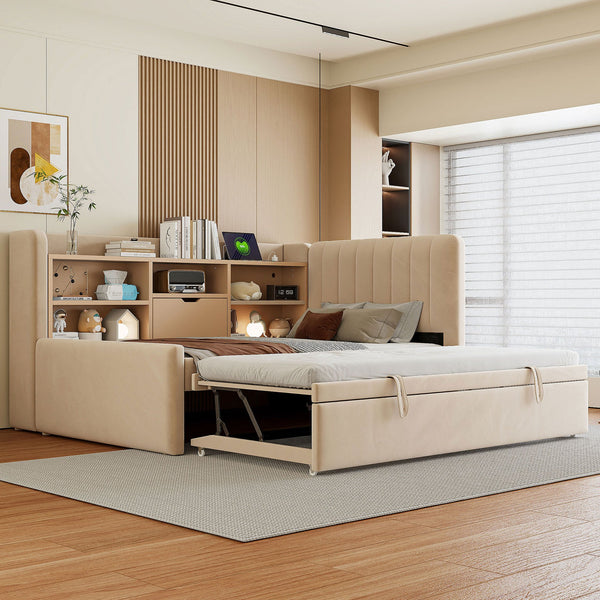 English Elm Twin Upholstered Daybed with Pull-Up Trundle, Velvet High Back with Shelves, Flip Storage & USB Beige SF000194AAA