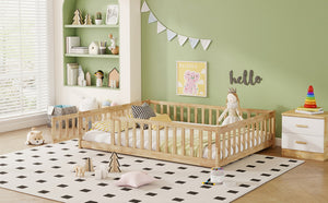 English Elm Full Size Rubberwood Floor Bed with Safety Guardrails and Latching Door for Toddlers Natural W504P429299