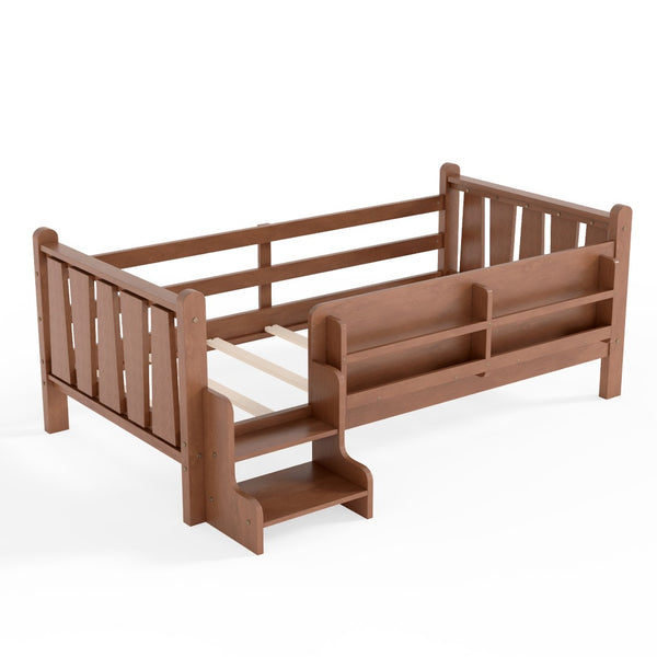 English Elm Twin Pine Floor Bed for Kids with Side Bookcases Built-in Stairs and Safety Guardrails Natural W1580P390215