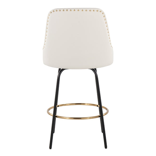 English Elm Fixed-height Swivel Counterstools White Faux Leather Gold Nailhead Black Frame Set 2 B202S01851