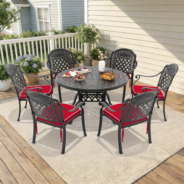 English Elm 7-ppiece Cast Aluminum Outdoor Dining Set Floral Carved Patio Furniture Black Frame W1710S00554