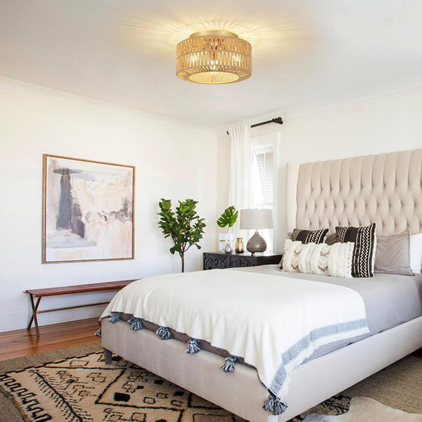 English Elm Boho 3-Light Rattan Ceiling Light Fixture - Modern Flush Mount Chandelier For Home & Nursery Décor W2738P185415