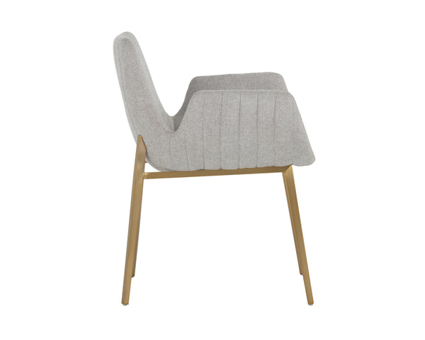Sunpan Lucano Dining Armchair - Elegant Scooped Design with Vertical Channel Tufting and Gold Legs Belfast Heather Grey