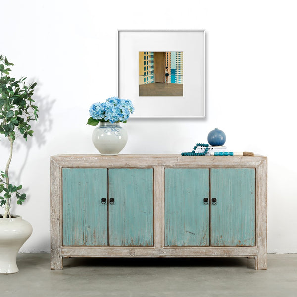 Lilys 67" Two Tones Buffet 4 Door Distressed Soft Aqua 9051-G