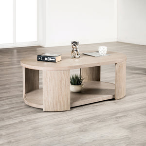 English Elm Modern Oval Coffee Table with Oak Finish, Lower Open Shelf & Optional Casters — 50"W x 28"D x 18"H, Sleek Storage Centerpiece B2741P360628