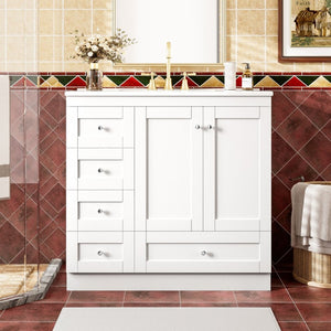 English Elm 36 Inch Shaker Bathroom Vanity with Ceramic Sink Four Soft Close Drawers White Mdf N729P414619K