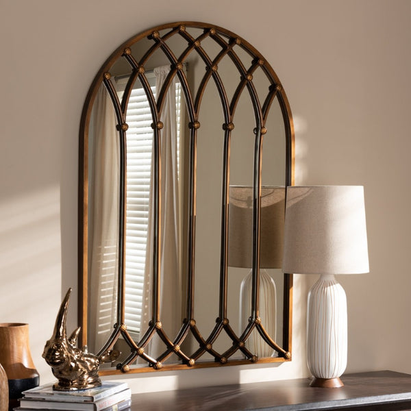 Baxton Studio Baxton Studio Freja Vintage Farmhouse Arched Window Mirror in Antique Bronze for Elegant Spaces RTB1323