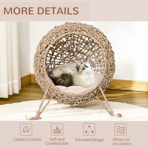 English Elm Pawhut 20.5" Elevated Cat Bed, Hand-Woven Banana Leaf Condo With Cozy Cushion For Stylish Comfort W2225P217308-GIGA