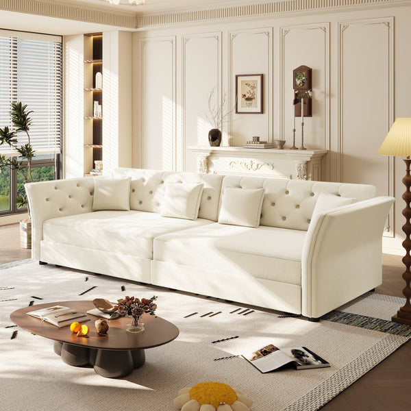 English Elm 100" Oversized Velvet Sleeper Sofa with Floral Tufted Cushions for Living Room Beige+White W1885S00301