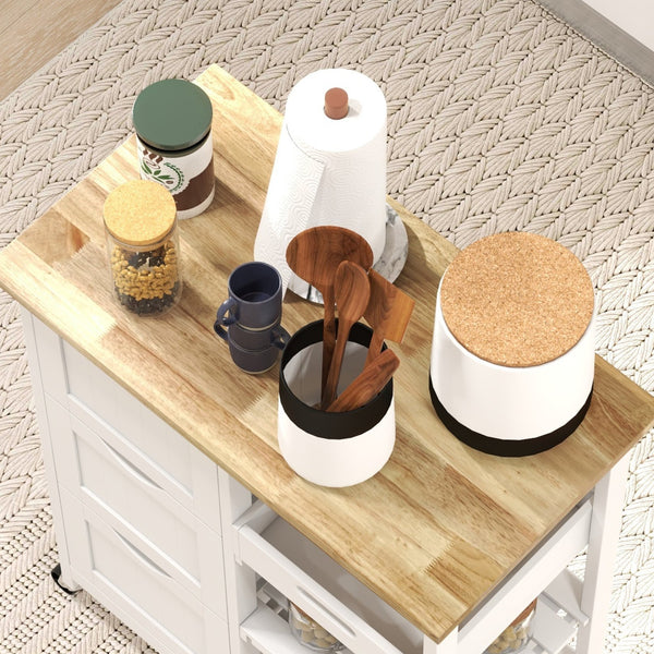 English Elm HOMCOM Rolling Kitchen Island Cart with Butcher Block, 3 Drawers, Removable Tray & Wheels W2225P173895