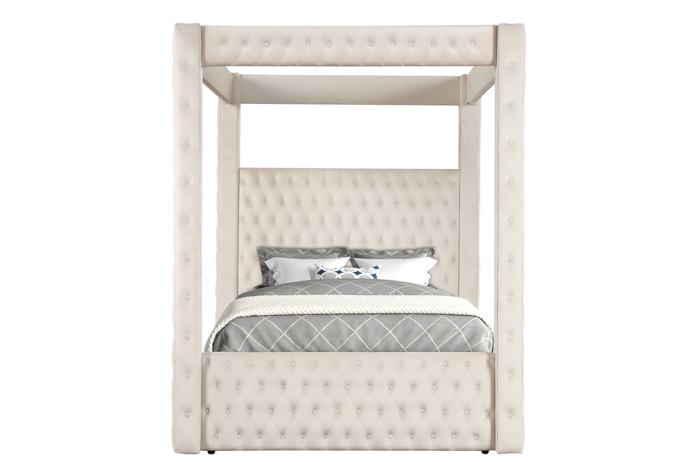English Elm 1pc Majestic Canopy Four-Poster Queen Bed with Tufted Velvet Headboard & Footboard, Luxurious Statement Ivory 62 L x 45.25 W x 7 H B2741S00130