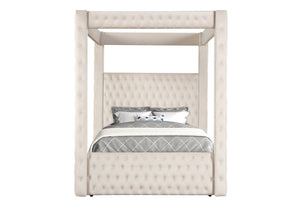 English Elm 1pc Majestic Canopy Four-Poster Queen Bed with Tufted Velvet Headboard & Footboard, Luxurious Statement Ivory 62 L x 45.25 W x 7 H B2741S00130