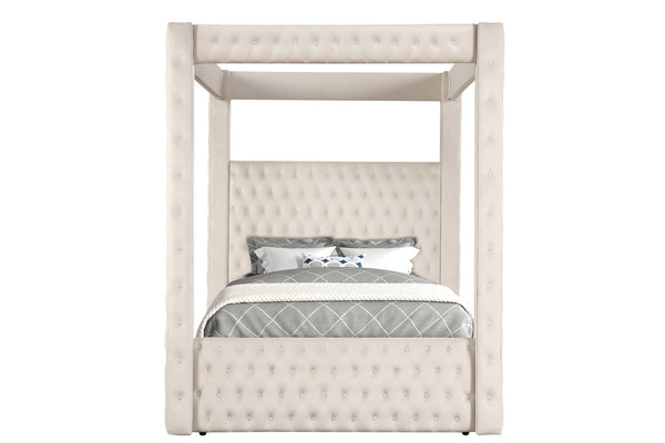 English Elm 1pc Majestic Canopy Four-Poster Queen Bed with Tufted Velvet Headboard & Footboard, Luxurious Statement Ivory 62 L x 45.25 W x 7 H B2741S00130
