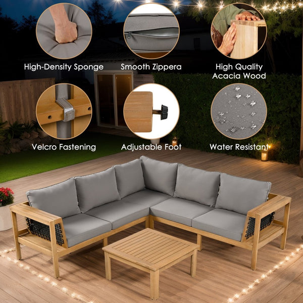 English Elm <old Old Sku Acacia Wood L-shaped Patio Sectional with Woven Rope Armrests Resort Cushioned Set Gray,Natural N704F201249E