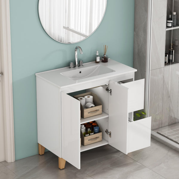English Elm 36-inch Glossy White Bathroom Vanity with Ceramic Sink Soft Close Drawers Minimalist W3151S00074