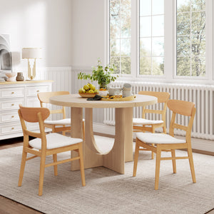 English Elm Christopher Knight Home® - 5PCS Mid-Century Modern Dining Set with Round Wood Table and Upholstered Fabric Chairs, Sleek Design Natural+Beige 58915.00LBE_N771P240935K