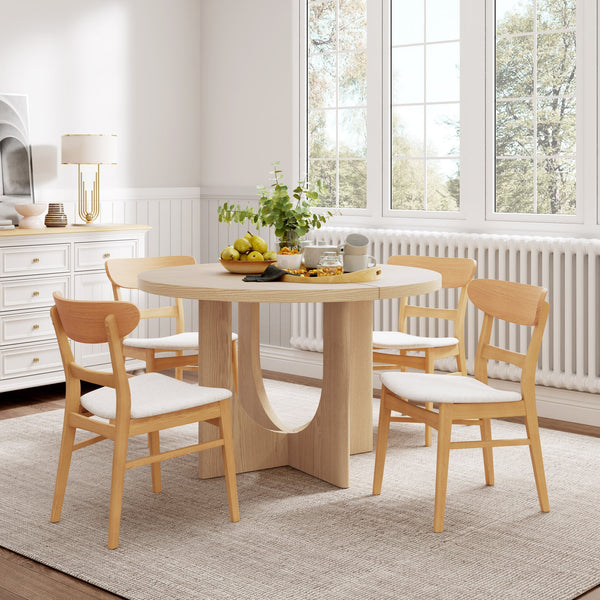 English Elm Christopher Knight Home® - 5PCS Mid-Century Modern Dining Set with Round Wood Table and Upholstered Fabric Chairs, Sleek Design Natural+Beige 58915.00LBE_N771P240935K