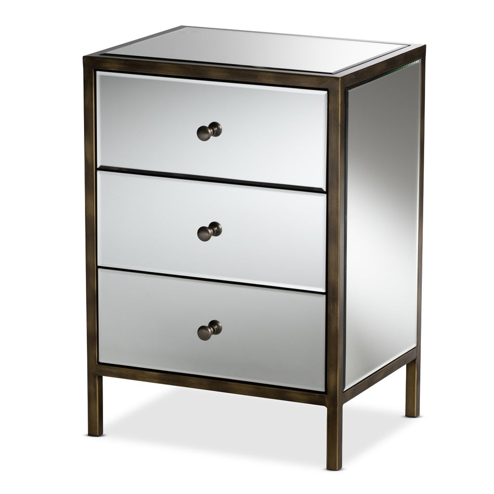 Baxton Studio Baxton Nouria Stylish Mirrored End Table with 3 Drawers - Modern Hollywood Glam Accent Piece RTB1368-1