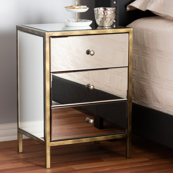 Baxton Studio Baxton Nouria Stylish Mirrored End Table with 3 Drawers - Modern Hollywood Glam Accent Piece RTB1368-1