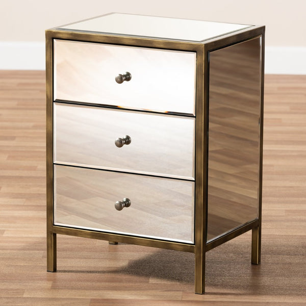 Baxton Studio Baxton Nouria Stylish Mirrored End Table with 3 Drawers - Modern Hollywood Glam Accent Piece RTB1368-1