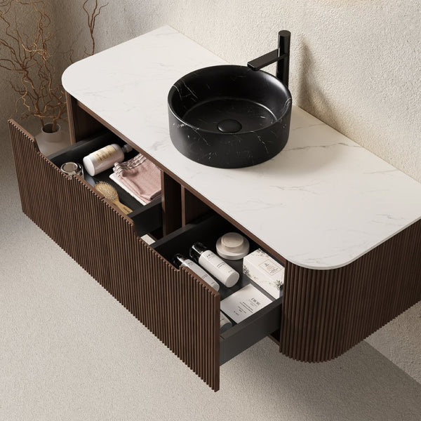 English Elm Dina Floating Bathroom Vanity with Crystal Glass Basin and Sintered Stone Top Black,Carrara White,Walnut W2615S00713