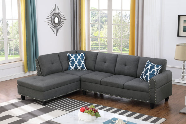 English Elm Black Faux Leather L Shaped Sectional with Cup Holders Nailhead Trim Storage Dark Gray B2730S00032