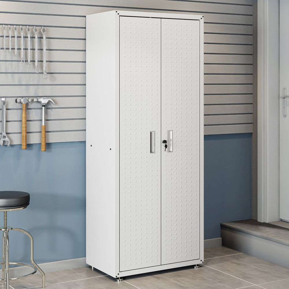 English Elm Rolling Metal Garage Cabinet with Locking Doors Diamond Texture Industrial Storage White B365P398228
