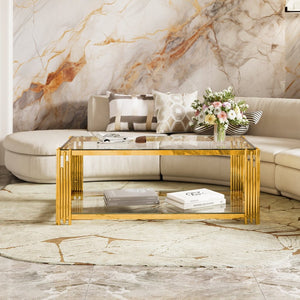 English Elm Modern Glam Rectangular Coffee Table with Mirrored Top Gold Sculptural Frame Open Shelf Transparent N735P380099K