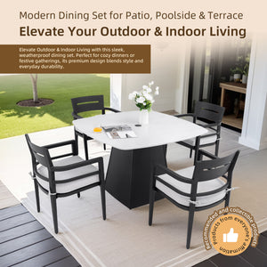 English Elm 5-Piece Outdoor Dining Set – 44" Sintered Stone Table & 4 Armchairs With Sunbrella Cushions, Stylish Comfort! W1886S00025