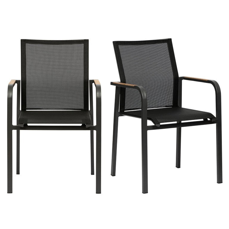 EuroStyle Tristan Stackable Outdoor Armchair Set of 2 Teak Accented Aluminum Mesh Patio 90578-BLK