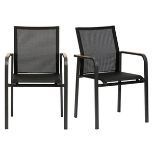 EuroStyle Tristan Stackable Outdoor Armchair Set of 2 Teak Accented Aluminum Mesh Patio 90578-BLK