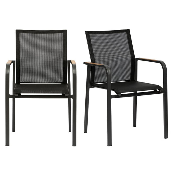 EuroStyle Tristan Stackable Outdoor Armchair Set of 2 Teak Accented Aluminum Mesh Patio 90578-BLK