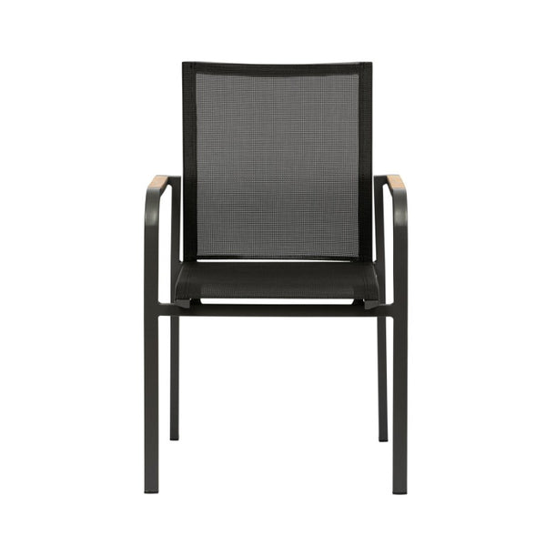 EuroStyle Tristan Stackable Outdoor Armchair Set of 2 Teak Accented Aluminum Mesh Patio 90578-BLK