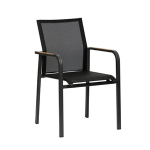 EuroStyle Tristan Stackable Outdoor Armchair Set of 2 Teak Accented Aluminum Mesh Patio 90578-BLK