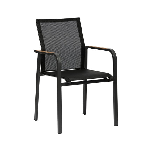 EuroStyle Tristan Stackable Outdoor Armchair Set of 2 Teak Accented Aluminum Mesh Patio 90578-BLK