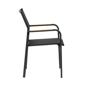 EuroStyle Tristan Stackable Outdoor Armchair Set of 2 Teak Accented Aluminum Mesh Patio 90578-BLK