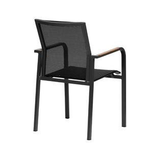 EuroStyle Tristan Stackable Outdoor Armchair Set of 2 Teak Accented Aluminum Mesh Patio 90578-BLK