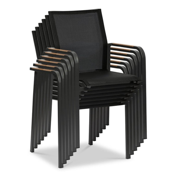 EuroStyle Tristan Stackable Outdoor Armchair Set of 2 Teak Accented Aluminum Mesh Patio 90578-BLK
