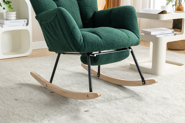 English Elm 067-teddy Fabric High Back Nursery Rocking Chair with Adjustable Footrest and Storage Pocket Green W527P420896